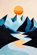 © felix_brönnimann - Abstract Mountain Landscape with Stylized Sun and River - Modern Art Print for Home Decor and Nature Lovers