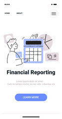 Poster - financial reporting concept with calculator and charts hand drawn style blue accents web design temp
