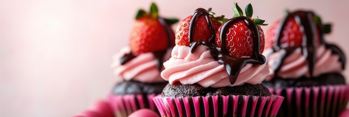 Wall Mural - Delicious Chocolate Cupcakes Topped With Strawberries and Chocolate Drizzle