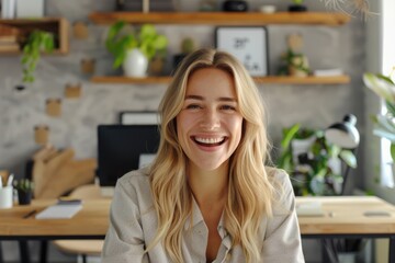 Wall Mural - Blonde woman smiling at desk with business concept.