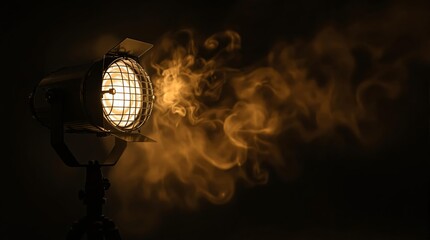 Poster - Vintage spotlight emitting warm light with smoky effect on dark background.