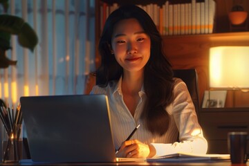 Wall Mural - Happy Asian businesswoman working on laptop and taking notes.