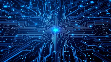 Poster - Circuit board with glowing blue lines on dark background.