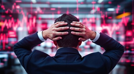 Poster - Businessman holding head in stress amidst financial crisis with red stock market graph background.