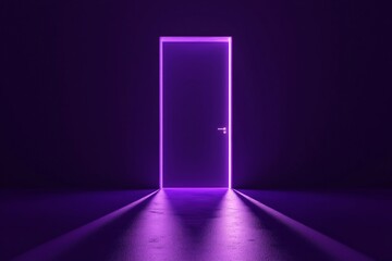 Purple empty room background, symmetrical lines of light on the ground leading to an open door at the end of the line