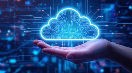 Aufkleber - Digital cloud with circuit patterns held in a hand, glowing on a futuristic blue background.