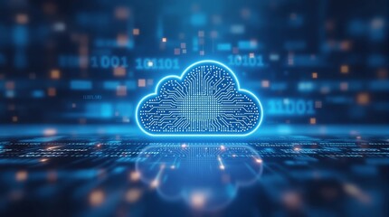Poster - Neon glowing cloud with circuit patterns in a digital data environment.