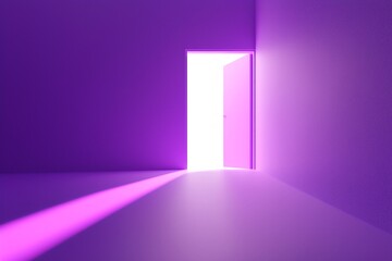 Purple empty room background, symmetrical lines of light on the ground leading to an open door at the end of the line