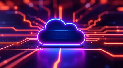Poster - Neon cloud icon on futuristic glowing circuit background.
