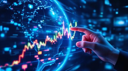 Aufkleber - Hand pointing at glowing financial chart with digital world map in background.