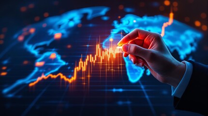 Aufkleber - Hand analyzing stock market graph on futuristic digital interface with glowing blue world map.