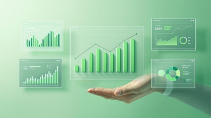 Aufkleber - Green financial data visualizations with bar graphs, charts, and analytics on a futuristic interface hovering over a hand.
