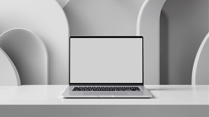 Fototapete - Laptop with blank screen on minimalistic table with abstract white arches background.