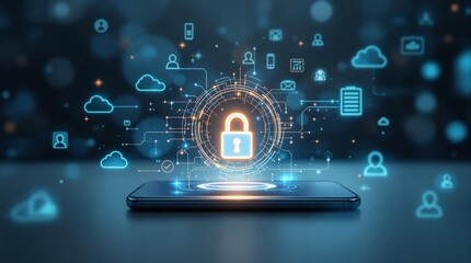Aufkleber - Cybersecurity concept with a glowing padlock and data icons on a smartphone in a futuristic digital environment.