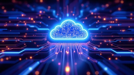 Aufkleber - Neon cloud computing concept with glowing circuits on dark background.