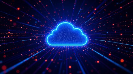 Poster - Neon glowing cloud with futuristic technology elements on a dark background.