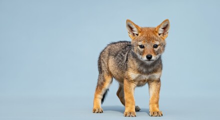 cute baby coyote portrait with light blue background for wildlife education and animal conservation