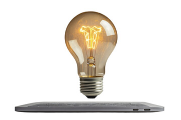 Poster - A glowing light bulb atop a laptop symbolizes innovation and creativity, perfect for concepts related to ideas and technology.