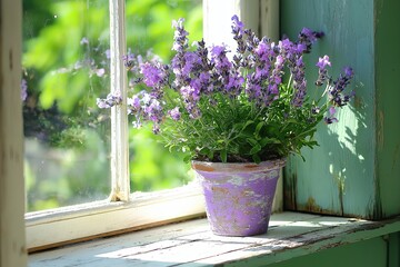 Poster - A close-up of a potted lavender plant sitting on a distressed wooden shelf