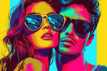 Wall Mural - Young woman and man wearing sunglasses. Vibrant couple portrait in pop art retro style