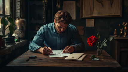 Canvas Print - A young man deep in thought, writing a love letter at a rustic desk with a red rose in a vase, warm tones, and soft shadows. Ai generated