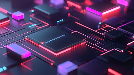 Poster - Abstract Neon Circuit Board with Glowing Cubes and Lines