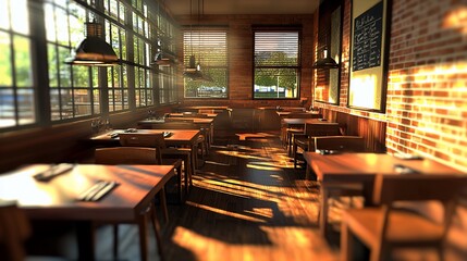 Poster - Sunlit restaurant interior with wooden tables and chairs.