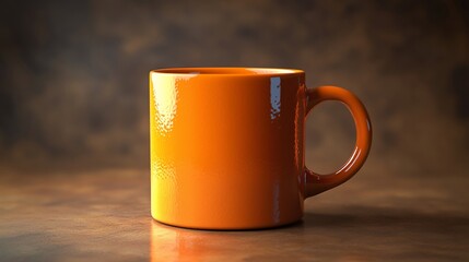 Poster - Single orange mug on brown surface.