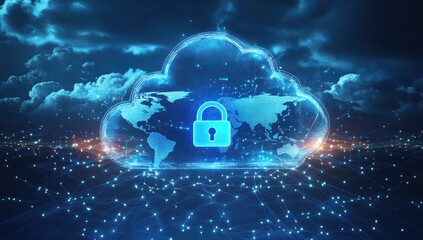 Poster - A Futuristic Cloud Computing Concept Representing Secure Data Storage with a Lock Icon and a World Map against a Stunning Digital Background