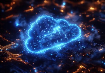 Poster - A High-Tech Cloud Computing Concept with Futuristic Circuitry and Illuminated Lights Illustrating the Digital Data Revolution in Modern Technology Environments