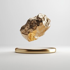 Poster - unique golden rock hovering above a sleek circular base in a minimalist setting for art display