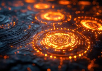 Poster - Abstract glowing circles on textured surface, featuring vibrant orange lights and intricate patterns, creating a mystical and tech-inspired atmosphere in a dark setting