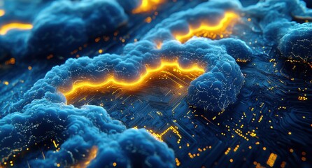 Poster - Abstract representation of a futuristic digital landscape showcasing glowing cloud formations with circuitry elements, symbolizing innovation and technology in a vibrant color scheme.