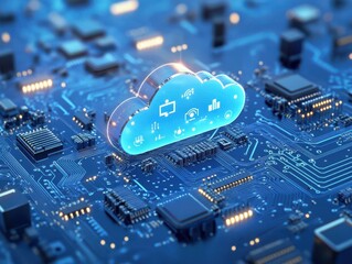 Poster - Abstract representation of cloud computing technology with circuit board elements illustrating digital data management and connectivity in a modern electronic environment.