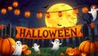 © Harry - Embrace the Halloween spirit with vibrant decorations, including a skittish banner and eerie pumpkins. A full moon sets the scene for a fun, haunted gathering filled with ghosts, costumes