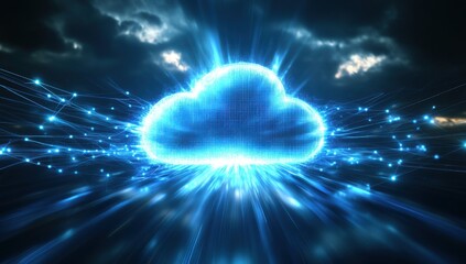 Poster - Bright Digital Cloud Illustration with Radiating Light Effects and Dark Stormy Background, Symbolizing Data Storage and Cloud Technology Innovations
