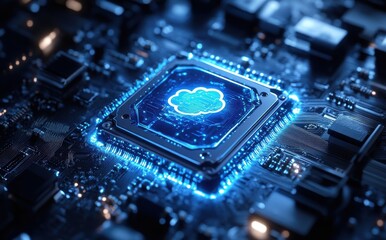 Poster - Close-up View of a Modern Computer Circuit Board with a Futuristic Cloud Computing Graphic Illuminating the Central Processing Unit in High Definition