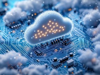 Poster - Cloud Computing Concept with Circuit Board Background Representing Digital Technology Innovations and Future Data Storage Solutions