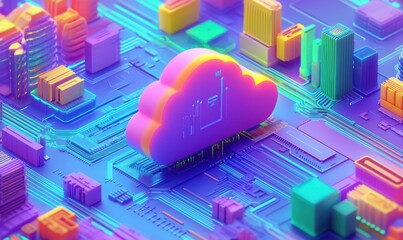 Poster - Colorful Cloud Computing Concept with Electronic Circuit Structures and Vibrant Neon Lights Representing Digital Transformation and Data Management Technologies