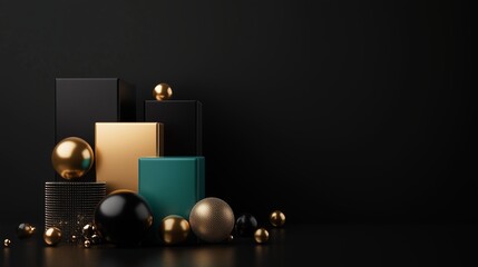 Poster - decorative geometric shapes and metallic spheres arranged on a dark background for modern interior d