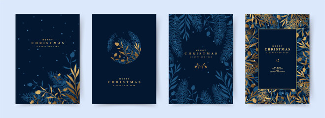 Wall Mural - merry christmas and happy new year greeting card set. winter luxary background with a pattern of gol