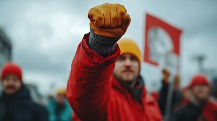 A man in a red jacket is holding his fist up in the air