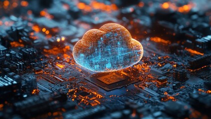 Poster - Digital Cloud Computing Center Surrounded by Complex Circuitry with Glowing Elements Symbolizing Data Storage and Modern Technology Concepts