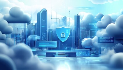 Poster - Digital Cityscape with Shield Symbolizing Cybersecurity, Protecting Data and Privacy in a Futuristic Urban Environment Surrounded by Clouds and Technology Elements