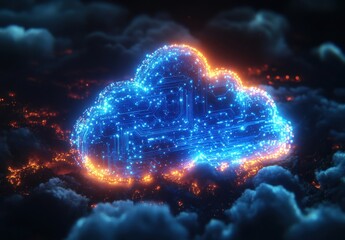 Poster - Digital Cloud Computing Concept with Glowing Circuits in a Dark Sky, Representing Data Storage, Technology Innovation, and Modern Connectivity in a Futuristic Environment