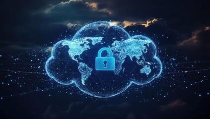Aufkleber - Digital Cloud Security Concept with World Map Illustration Featuring a Lock Symbol, Representing Data Protection and Cybersecurity in a Global Network Atmosphere