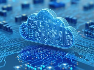 Aufkleber - Digital Cloud Storage Concept Represented by a Circuit Board with Glowing Blue Lights on a Futuristic Technology Background