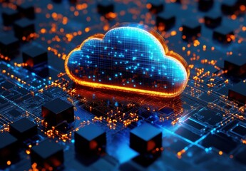 Poster - digital cloud storage concept with data flow represented on a circuit board, featuring blue and oran