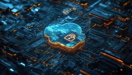 Poster - Digital representation of a secure cloud storage concept with an illuminated lock symbol amidst a futuristic circuit board, showcasing technology and cybersecurity themes.