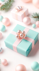 Wall Mural - a blue box with a pink ribbon sits on a white background. the box is decorated with pink and blue ba
